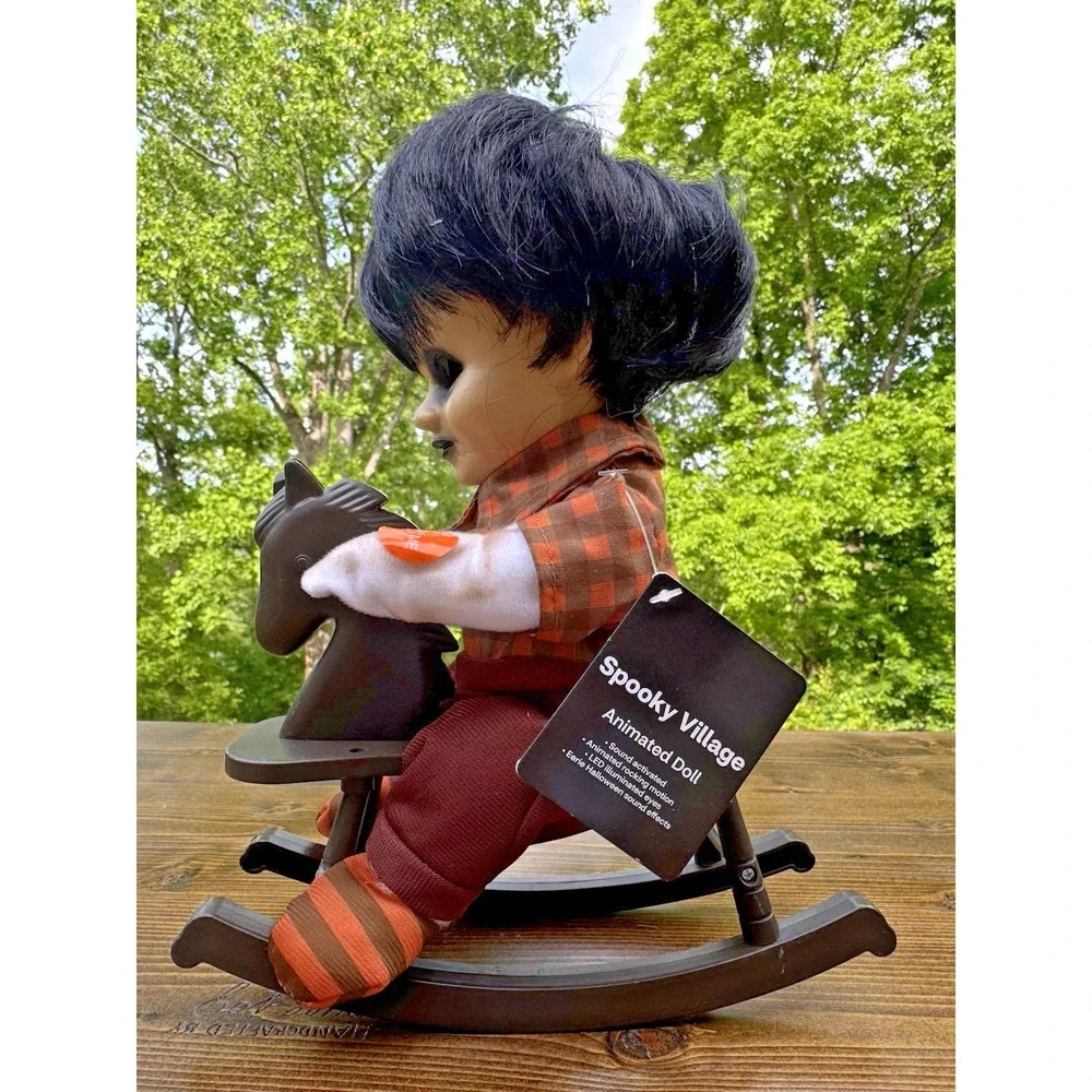 Creepy Animated Rocking Boy Doll Black Hollow Eyes Haunted Halloween Prop